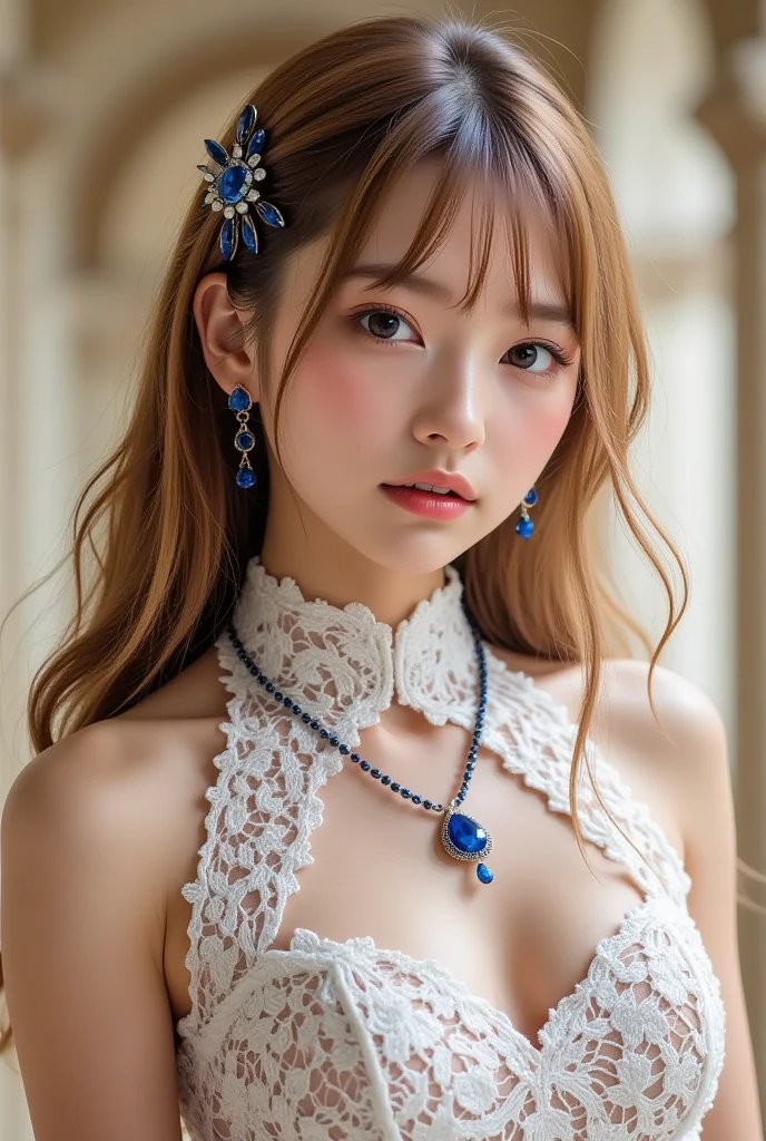 Best Quality, beautiful girl from Prague、Ultra-detailed, finely detail, hight resolution, Beautiful detailed eyes , ,Sexually aroused face、,Dynamic Angle,Looking at Viewer(Rococo Ball Gown、Gorgeous embroidered white and royal blue ruffles),(Gorgeous embroidered white and royal blue ruffled rococo ball gown),(Fluffy white and royal blue ball gown、gorgeous embroidery),corsets,((hoop skirt)),Princess dress with lots of jewels,((gorgeous embroidery)),(royal blue trim),((crinoline)),Opera Globe,Tiara adorned with finely decorated jewels, gem earrings,Finely decorated necklace,Beautifully jeweled ornaments,Indoor,Royal Ballroom,light Particle,((Beautiful exposed breasts))face lights、Rim Lights