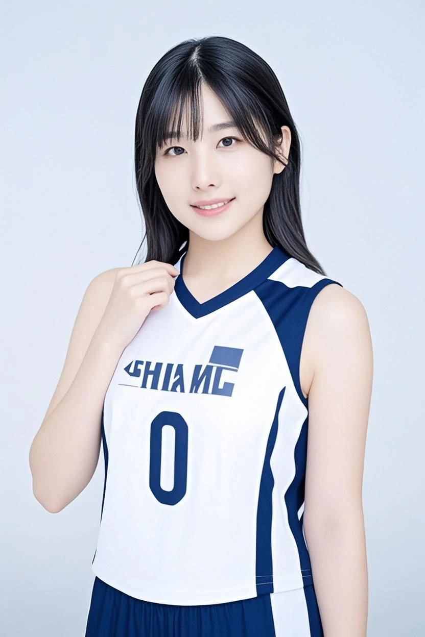 feminine、1 Lady Solo, /(Volleyball Uniforms/), /(Dark brown hair/) , Blushing, I laughed lightly., (Top quality masterpiece:1.2) Very detailed and delicate illustrations, break /(Indoor volleyball court/)、short hair