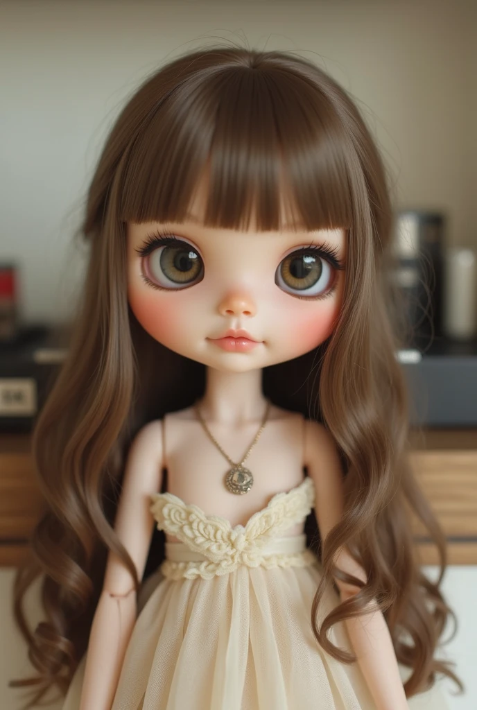 Blythe doll black and wavy hair brown eyes , black and long-eared eyebrow