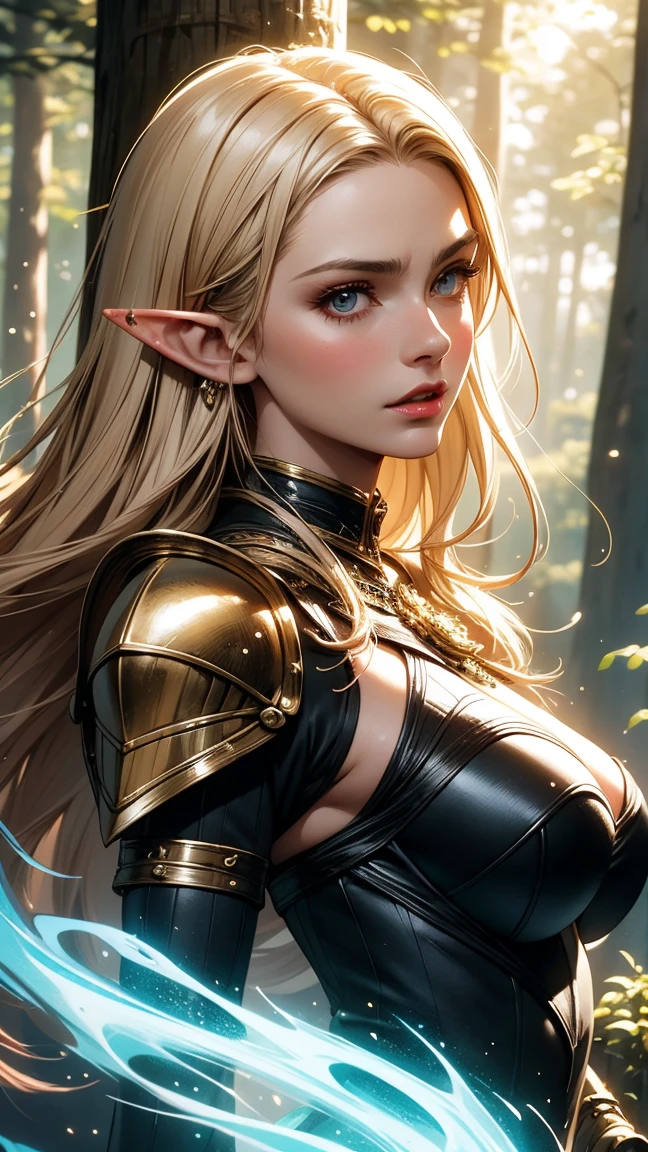 8K,An elf woman who is the vice-commander of the Knights of the Brave.,Super beautiful(like the real thing),green eyes,elf ears,blonde straight hair,muscular slim body,strongly cracked abdominal muscles,luxurious black exterior,luxury black combat pants,anger,long slit eyes,masterpiece,Photorealistic RAW photos of the highest quality。bright colors,rich colors, Backlight, cinematic lighting, film grain, to be born, 50MM lens, Nikon D850,realistic skin,fantasy art,character art,ultra high resolution,realistic scale skin,Perfect hand shape,view audience,beautiful expression,comb one&#39;s hair,very small breasts,豪華な黒いvery small breastsの胸鎧,luxurious black shoulder armor,luxury black gauntlets,luxurious black waist armor,luxury black leg armor,view audience,thin chest plate,perspective from above,Close-up,sharp gaze,Dynamic action scenes,Forms of anger,stand on the battlefield,fighting pose,