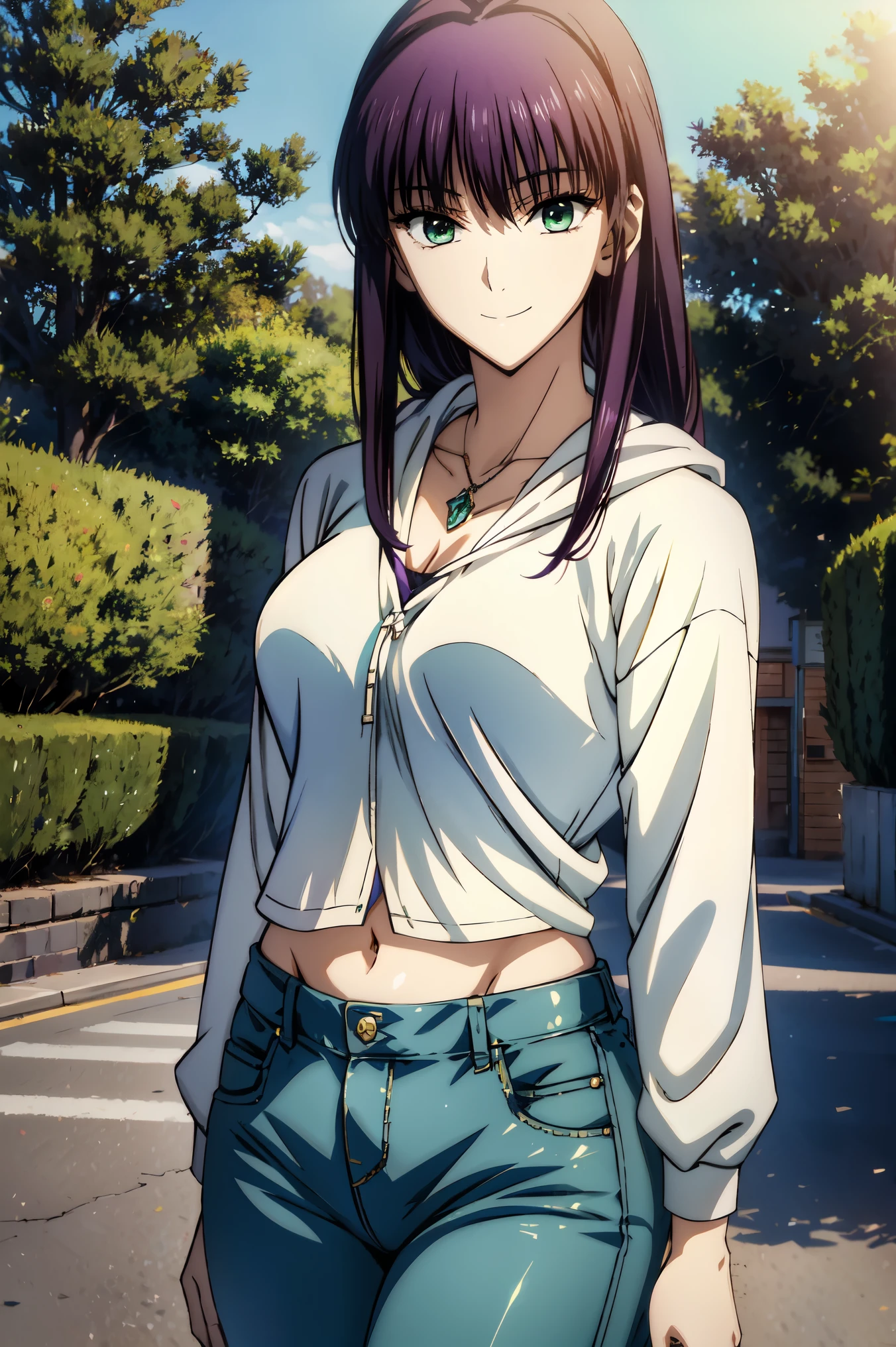 very delicate and beautiful CG illustration , 最high quality , realistic feel , Realistic Fabric , realistic texture , beautiful thighs , big breasts thin waist , (((masterpiece))) , (((best quality))) , 8k , 32K , masterpiece , beautiful and attractive anime woman , 超after being played in high definition , high definition , super realistic high school girl , Masterpiece , best quality , high quality , after being played in high definition , high qualityテクスチャ , high qualityな影 , high details , finery detail , 1 girl on break day , solo , I , tall , AS-Adult , mature atmosphere , Leg length , Beautiful long legs , tall , mature looking girl , fuchsia hair , 赤purple hair , purple hair , Silky Smooth Hair , colorful hair , Straight Hair , smile , smile happily , Light Smile , かわいいsmile , かわいいsmile , Cool Beauty , beautiful woman highlighting her lower lip , pretty face , NFFS DAVW , beautiful leg , Beautiful realism , beautiful hair , Necklace , accessory with jade around her neck , Smile , Colorful eyes , green eyes , Jade Eyes , beautiful eyes on my stomach , bright eyes , Delicat eyes , jewel-like eyes , droopy eyes , (green eyes:1 . 5) , attractive face , watch viewers , Food付き白hoodie , JINS , jeans , blue pants , Daytime , TAKE OUT , Building Street , handbag , bright flower field with , 戸outside , beautiful lighting , Attractive Details , anime style , Food , hoodie , Casual clothes , private , cowboy shot ,Model Photo, outside , takeoutside , viewer , Model Photo , private , holiday,(((masterpiece))) , (((最high quality))) , 8k , 32K , masterpiece , Mimi and charming anime woman,perfect face, beautiful hair, beautiful breasts,cute smile,Cool Beauty, beautiful woman highlighting her lower lip, well-groomed face , Beautiful realism, attractive figure , attractive face , kind expression , beautiful hair,smile, Colorful eyes , green eyes,Jade Eyes, beautiful eyes on my stomach,bright eyes, DEL私CATE EYES FULL OF DEC私S私ON, Jewel Eyes ,Jade Eyes,( green eyes:1.5), 水の中の体とattractive face ,8 heads,:: 174cm,