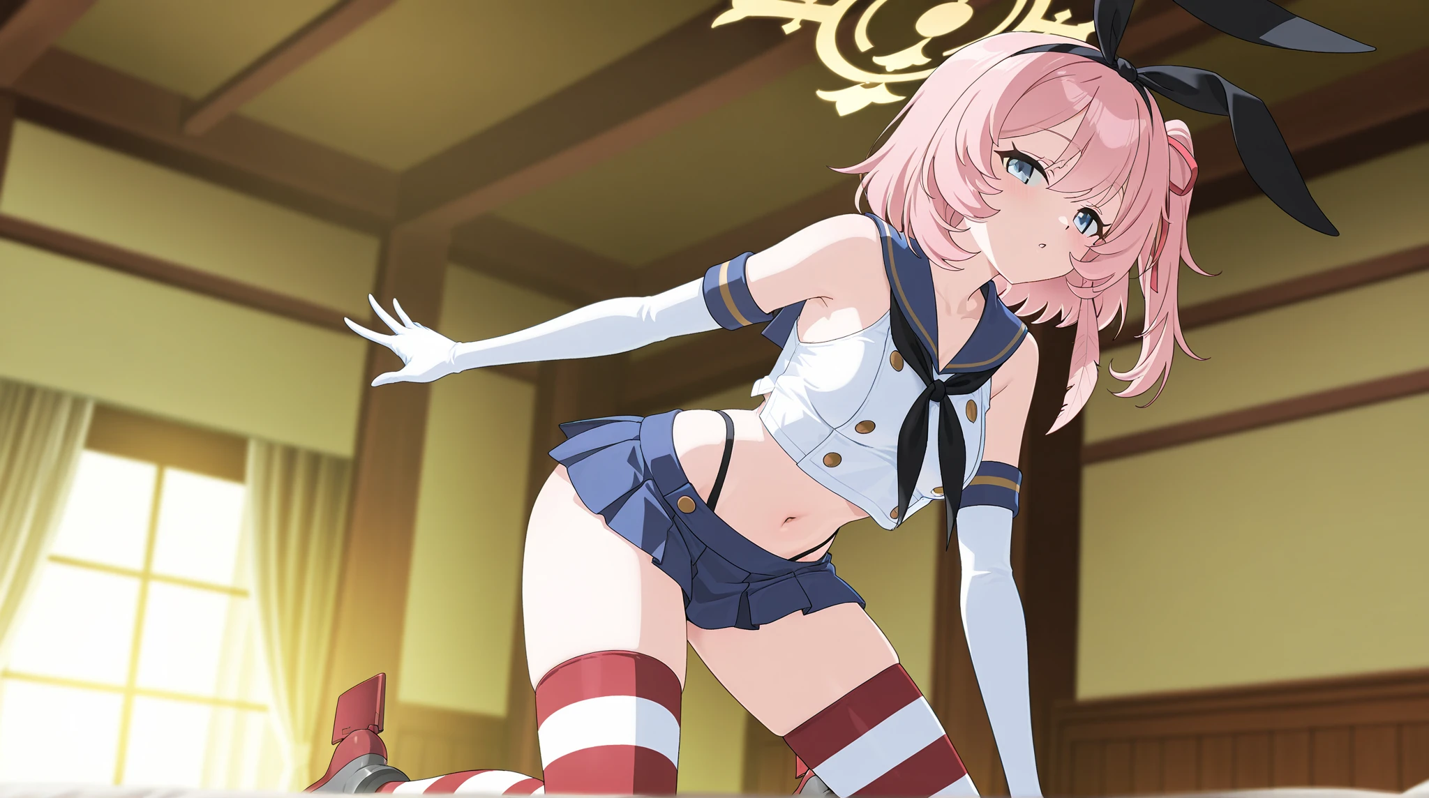 shimacos, crop top, thighhighs, elbow gloves, microskirt, highleg panties, cameltoe,, ultra detailed, masterpiece, best quality, aesthetic, detailed,, smile, 1girl, very light pink hair, short hair, skindentation, best quality, expressive eyes, perfect face, soft pink lips, airy, light, large detailed blue eyes, large breasts, cleavage, thick thighs