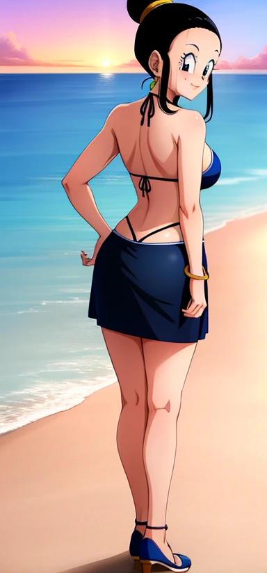masterpiece, best quality,1girl,young girl,honey blonde,half-up half-down hairstyle,happy smile,shiny skin,huge breasts:1.49,micro mini bikini, beach,sun,cloudy sky,looking at viewer,standing with your legs spread on the sand and show the soles of your feet,random angle