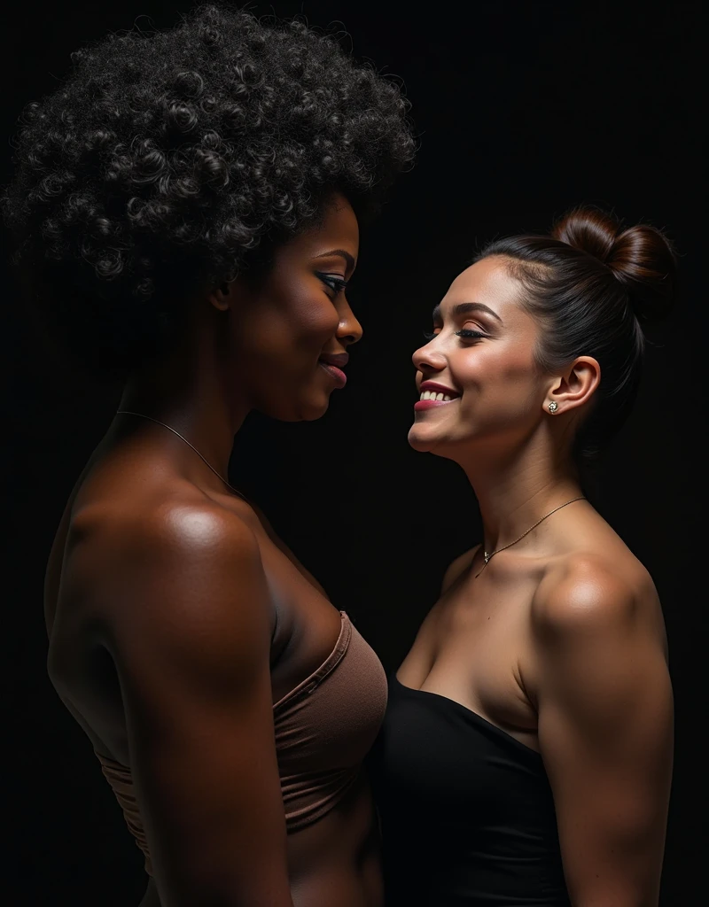 one beautifull african woman with dreads , one beautiful russian woman with ponytail, all having similar builds, with g cup chest and ass , thin stomach, they are glaring at eachother with anger, they hold eachother toghtly in a painfull bear hug, while biting eachothers face