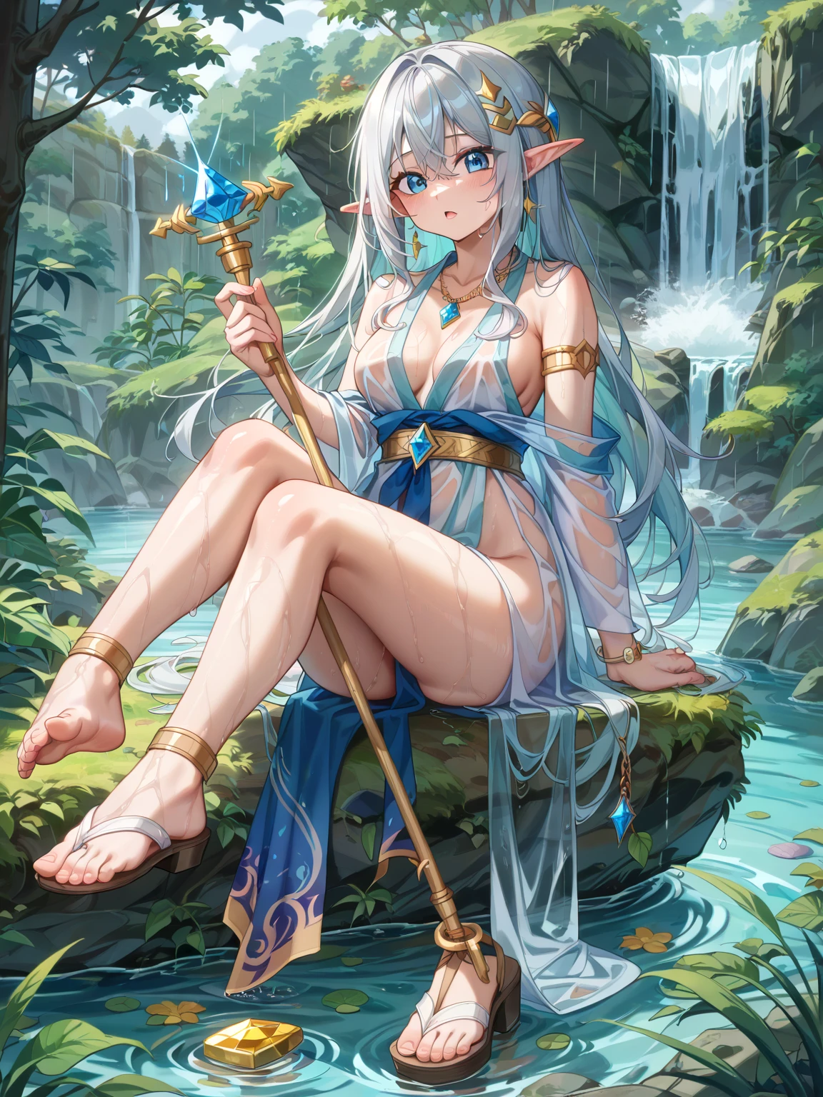 2D illustration, anime-style, beautiful girl, elf, (), blonde, blue-eyed, hair ornament, smiling, (((squatting with legs spread))), holding a magic wand in his right hand, (full chest part open, white ultra-thin fabric, see-through ancient style robe), (full breasts are see-through)), ((without panties)), ((without bra)), floating hem, collar, bangles, Anklet, sandal, ((Close-up of a person, looking up at a person from below)), ((Exposed crotch showing through)), Wet body, Wet clothing, Ancient ruins eroded by vegetation, Waterside, Water surface light, Magic light, Starry sky, Wind blowing, Ambient occlusion, Halation