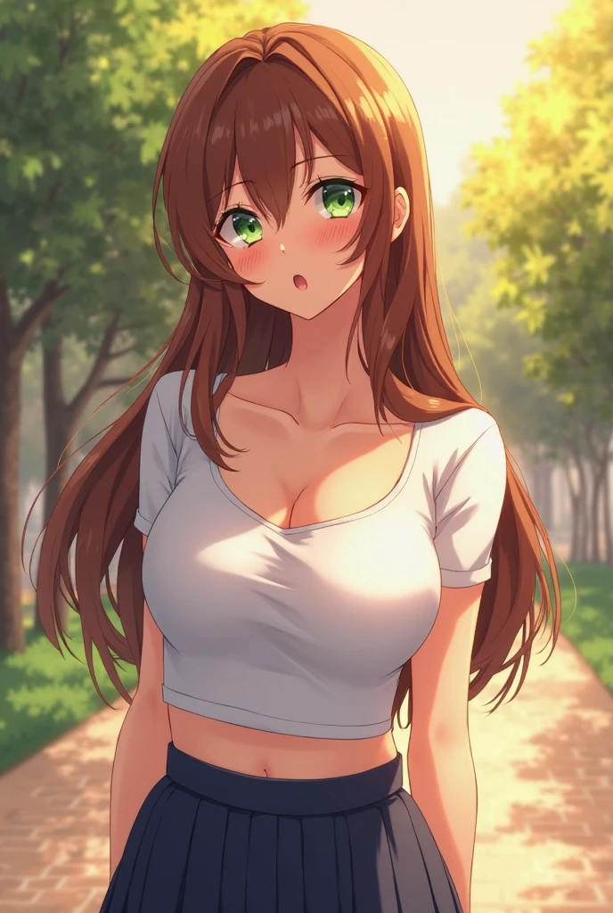 anime girl，university student，Big breasts，Smile，Long brown-blond hair,Green eyes, Off-shoulder, off-waist white shirt，pink long skirt，Beautiful anime art work, The waist is tied up with a delicate black ribbon，Anime style 4K, Anime Art Wallpaper 4k,University campuses，Light sky blue lady car