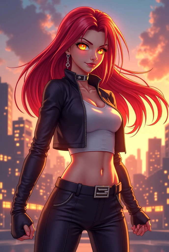 Jojos bizzare adventure anime art style, pretty girl, dark red hair, dark blue eyes, black edgy outfit