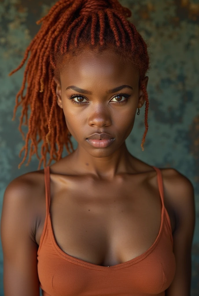 Un retrato exquisito de una mujer., ((deep ebony skin, con una tez africana bronceada)), ((desnudo)), Features round tits captured in stunning resolution ((8K)) and raw formatting to preserve the highest quality of details. ella esta completamente desnuda, con redondo, tetas duras, ((red lipstick stained lips)), y una sonrisa seductora. La belleza de la mujer es innegable., su rostro domina el encuadre en un primer plano que revela los intrincados detalles de sus ojos. Her long eyelashes frame the captivating inner depth.. The photograph is taken with a lens that emphasizes the defiance of her naked body... Su pelo afro rojo, combed back