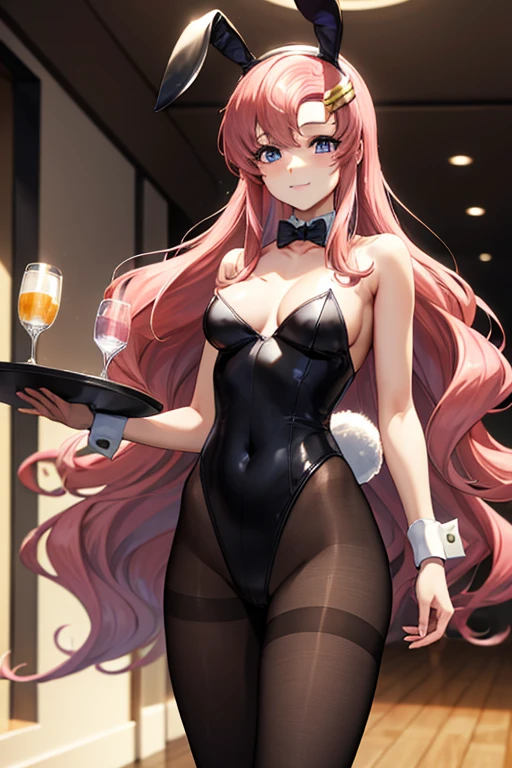 masterpiece, best quality, 1girl, solo, kirisu mafuyu, looking at viewer, annoyed, closed mouth, blush, embarrassed, large breasts, playboy bunny, rabbit ears, black pantyhose, red bowtie, wrist cuffs, black leotard, holding tray, foods, drinks, standing, cafe shop, restaurant, full body,