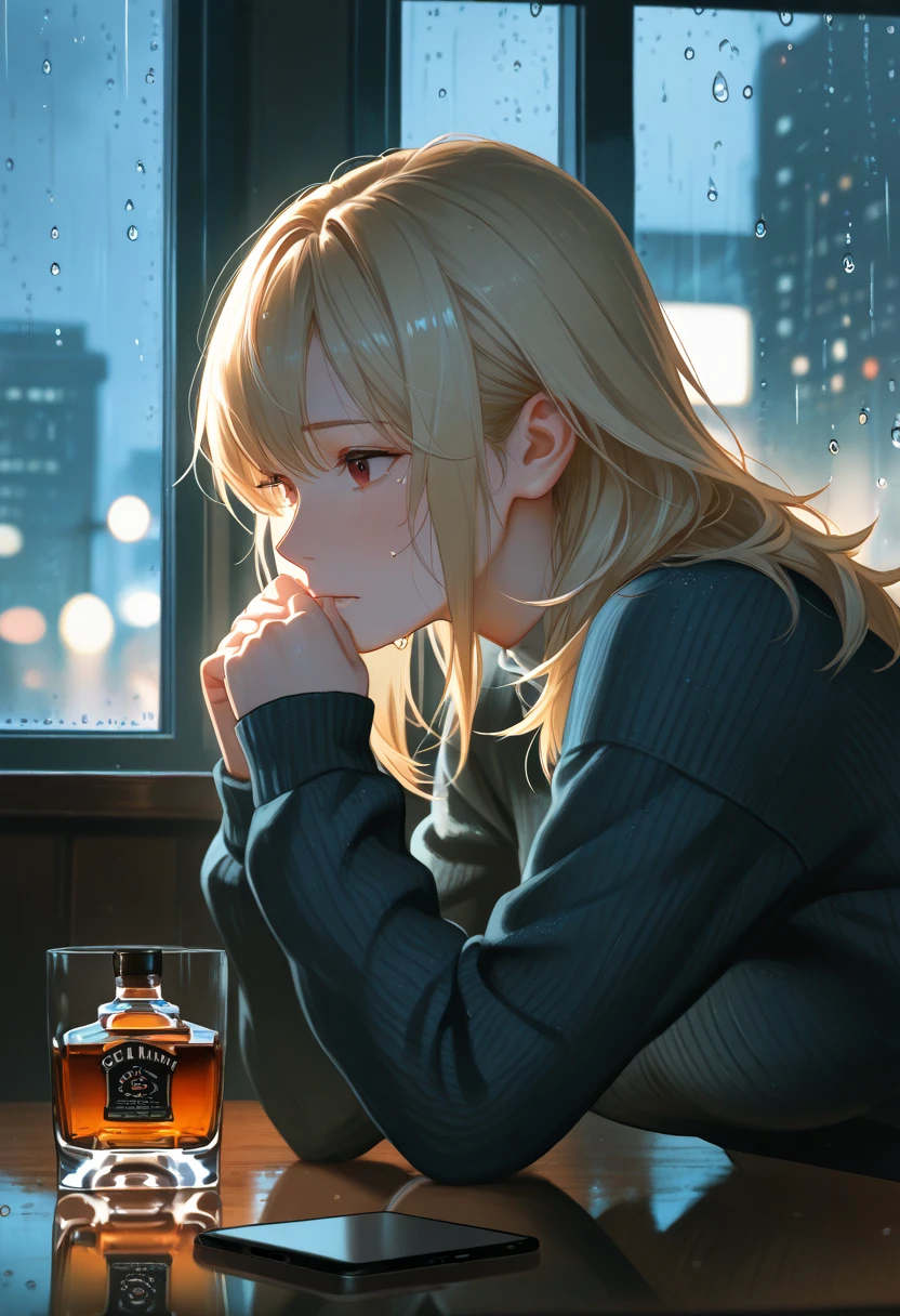 ely detailed eyes and detailed face), (scenery), (ultra-detailed, best shadow), ((depth of field)), beautiful concept illustration, Medium breast, open clothes, (illustration), (extremely fine and beautiful), (perfect details)、A woman who is about to drink too much and get drunk out of grief after being told that her boyfriend has broken up with her、I pour alcohol into a glass, but I can't get it in right.、///background(A very atmospheric bar that has been in business for 120 years.、Very expensive bottles of alcohol are lined up on the shelves.、The wood of the table also has a taste that has been used for many years) 《(textured oil painting,Overcoat of glaze,thick impasto,Creating light and shadow):1.4, Rembrandt,rich color, expressive technique,》low an-key lighting, moody ambiance, dark shadows, subtle highlights, mysterious aura,COLORFUL、, blooming light effect, light from heaven,