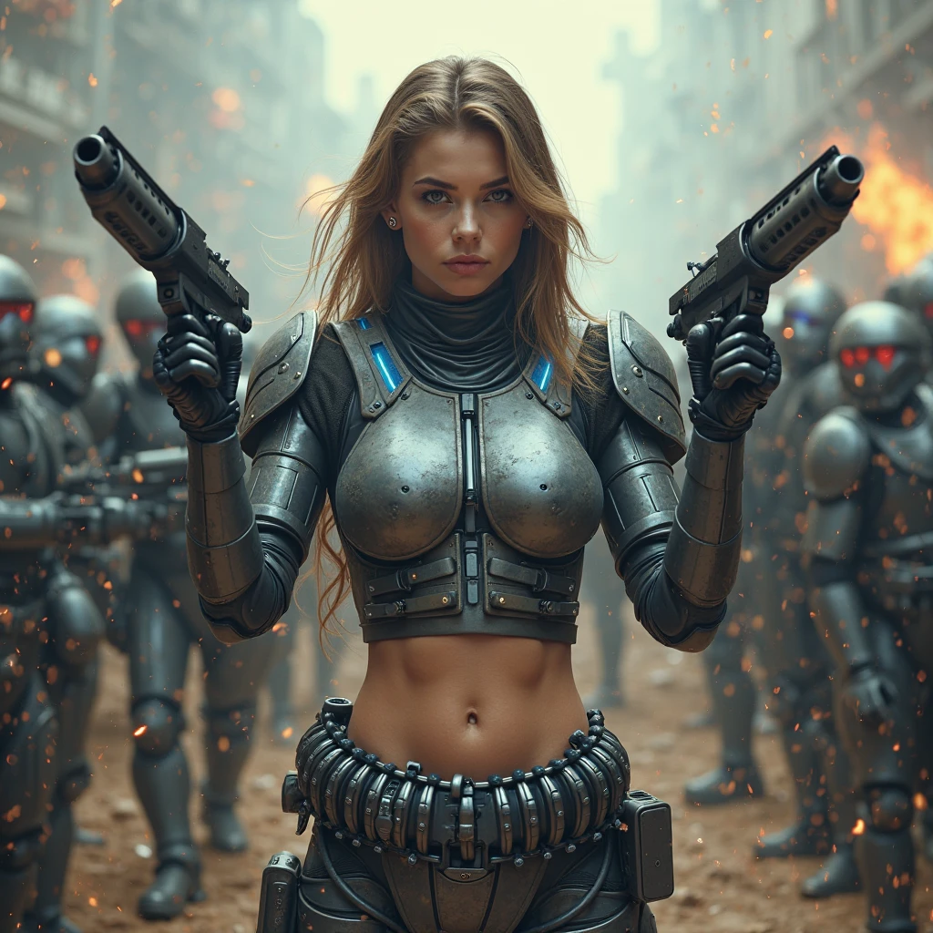 (highest quality、4K、High resolution、master piece: 1.2)、Super detailed、real: 1.37、Natural light、Portrait、surreal colors、futuristic style、Crumbling cityscape、Overgrown vegetation、Foggy atmosphere、Contrasting shadows、tattered clothes、A strong and confident gaze、Abandoned Objects、desolation、Destroyed building silhouette、vivid graffiti、Empowering pose、hair fluttering in the wind、Expressive facial features、unforgettable beauty、Dramatic sky、eerie clouds、intricate details、urban decline、post-apocalyptic setting、Ruins in nature 、Majestic Skyline、Desperate struggle、Creepy Presence、Thought of power、強化されたThought of power、intensity of emotions、Tense atmosphere、heroic attitude、intense action、Fearless Determination、Survival from all odds、Dangerous landscapes、Iconic battle、cinematic composition、epic showdown、A moment frozen in time、mysterious aura、fortitude、Women's Support、Strong female protagonist、Fascinating story、Women's power、Fierce determination、Empowering Stories、Behind her is a huge(The invader's mech is on fire and about to collapse.:1.3)、antitech