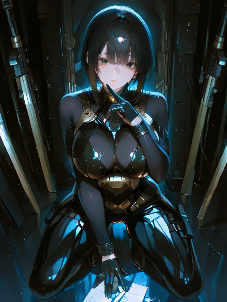 Long dark iridescent hair, iridescent eyes, small waist large thighs. ,1girl, solo, bind_all, machine, spread legs, bdsm