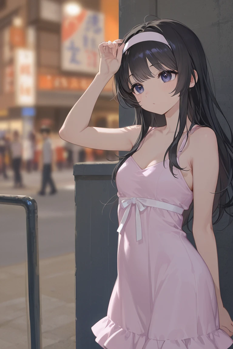 highest quality、masterpiece、(Pastel Pink Dress：1.5）, Realistic, real person, (pale skin: 1.2), RAW photo, photorealistic, shiny skin, shiny hair、(A 26-year-old woman with straight hair and bangs) and (medium hair) and (black hair) and (purple eyes) ,（smile）、parfait、The background is a coffee shop、Alone