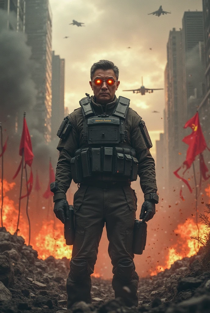 Consulta: A photorealistic image of Elon Musk in a dystopian war zone, wearing a dark exoskeleton suit and holding a glowing plasma rifle. Explosions and smoke fill the background, with destroyed buildings and flying drones. His face is determined and focused, with a hint of sadness. The overall mood is gritty and dark, with a color palette of greys, blues, and orange from the explosions.