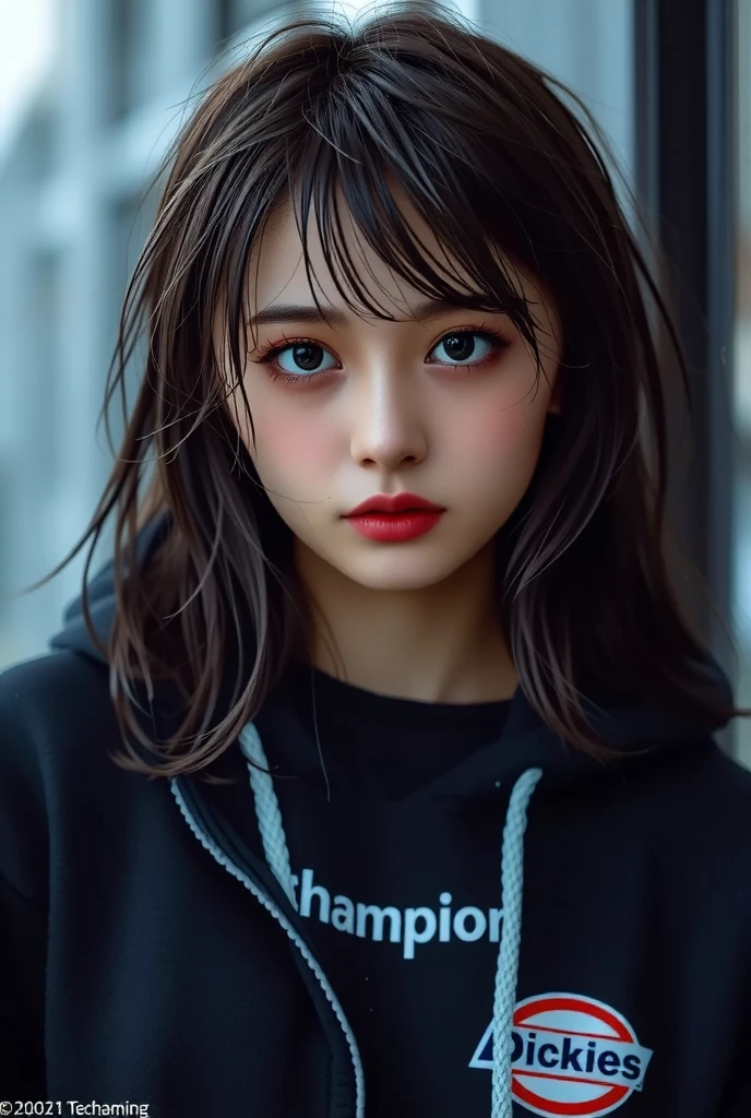 (Hyper-realistic) , (illustratio), (Increase the resolution), (8K), （RAW photos，best qualtiy），（realisticlying，photograph realistic：1.3），best qualtiy，highly  detailed，tmasterpiece，Hyper-detailing，one-girl，Stylish sweatshirt, Windbreaker long skirt，Poster on the front，The color of the clothes is bright and simple，cinematic ligh、ultra-realistic realism、Soft light、Deep field focus bokeh、with short black hair，White skin，famousartwork，s the perfect face，beauitful face，beautidful eyes，（（Perfect female body））Cute, Very aesthetic，Realistic style anime，ssmile，self-assured，Put your hands in your pockets，tmasterpiece，ultraclear，8K，HighestQuali，