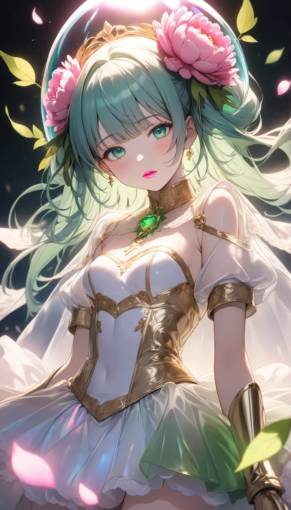 ((worst quality, low-quality)), ((girl)), Solo, (wedding dress), (((Longhaire, poneyTail, Green hair,):1.3)), (Big breasts), Hair over one eye, plump shiny lips, Beautiful clear eyes, Spoken Heart, Leaning forward, (Dynamic Pose:1.2), (((Beautiful colorful flowers, 1 large bouquet,Hold it with both hands:1.2))), Confetti, (Moon and majestic castle background), ((Shining moonlight)), (opal), (light Particle, light glow, llight rays:1.4), masutepiece,Best Quality,ultra-detailliert,