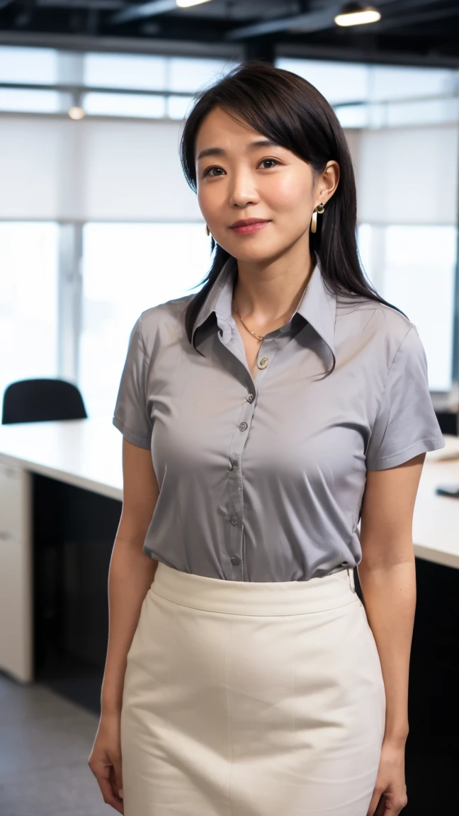 40 year old Japanese woman, with straight black hair and brown eyes and pale skin, diamond face, double cup, E bra, athletic build and height 1.71 view formal glasses long sleeve white shirt with half open chest and knee length short black skirt and knee length sexy black stocking black heels standing looking forward with a sexy pose