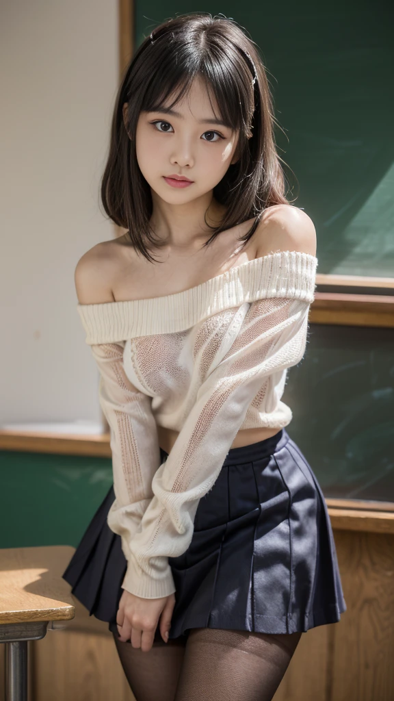 Highest quality, shape, Very detailed, finely, High resolution, 8k wallpaper, 完璧なダイナミックな構shape, Beautiful and exquisite, Natural Lip, whole body, Navel exposure, front,bangs、University classroom、Brown Hair、(Thighs)、Looking into the camera,sweater、Pleated skirt、round face、smile