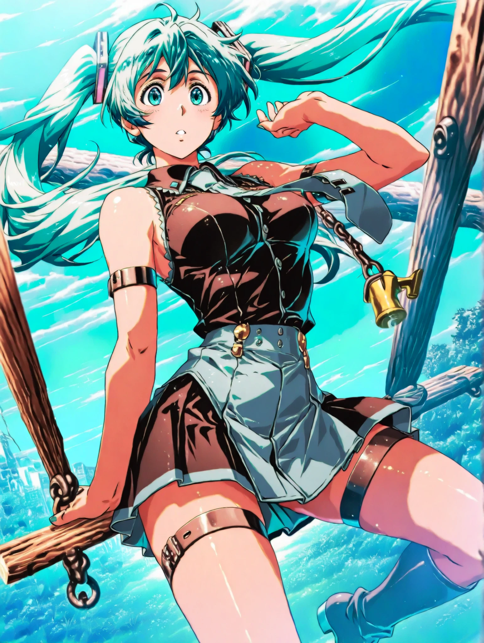 High school girls、1girl, Tall、(Angle from below:1.5)、Excited、grin, Sweat、((アルル・ナジャ)), ((Torn short-sleeved shirt))、The shape of the chest is clearly visible、small breasts、(Light blue bra), (navel), (Ripped pleated mini skirt)、((Light blue lace panties))、Forehead、 Long black hair、Slender、16 years old girl, ((arms behind back)), (shibari:1.5), rope, dominatrix,BDSM,(ashamed:1.21), ((close up crotch)), ((Being crucified)), On the roof of a building、footjob, 1boy, penis, ((eject cum:1.5)), He is upside down with his legs spread and his penis exposed、(he is Amazon position), (((foot on penis))), (she is standing and footjob), One leg raised、