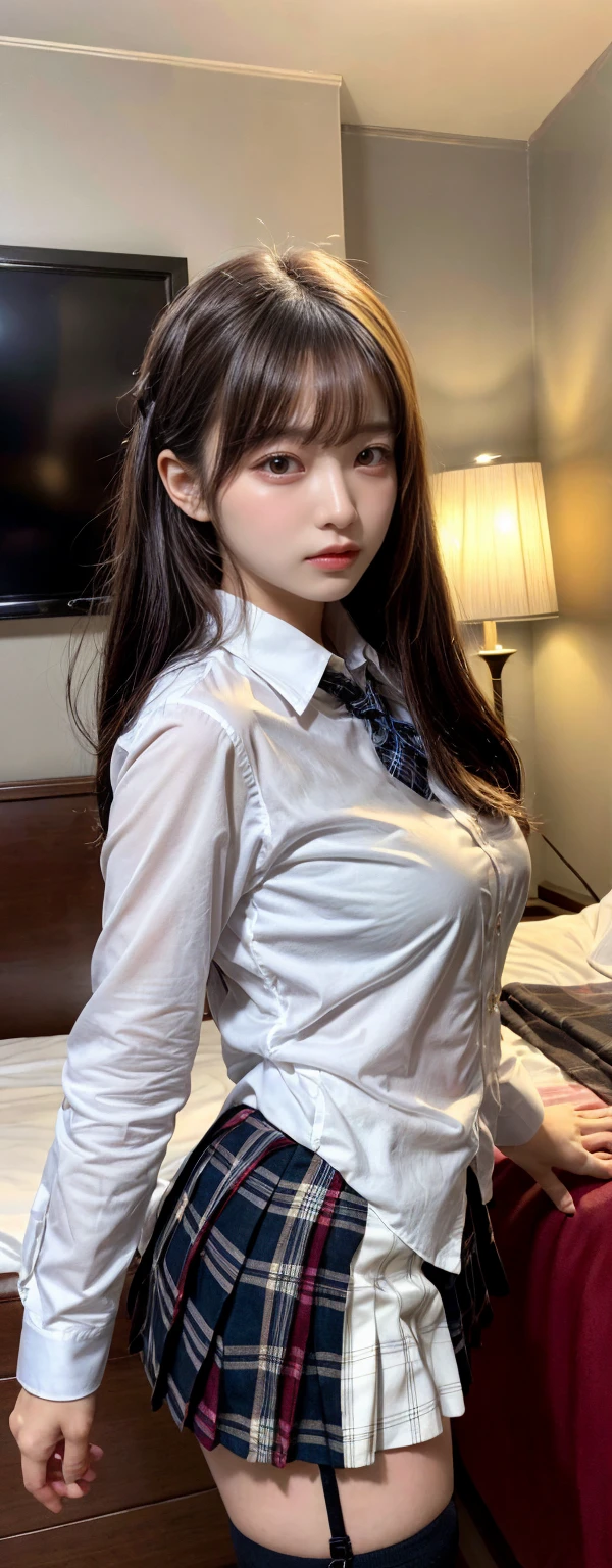 (highest quality, masterpiece:1.3), shape, ((Beautifully detailed face)), beautifully detailed skin, Intricate details, Very detailed, Best image quality in 8K, The true picture () (18 year old high school girl:uniform,White short sleeve shirt,Red tie,Pleated skirt) (Small breasts), ,Japanese Girls,One Girl,Baby Face,(Detailed Hair,Bobcut,Black Hair),Detailed lips,Open your mouth,(Lying in bed,Sleep on your back:1.2,Top View),blush,Embarrassing,Realistic Face,Realistic Skin,(sexy:1.2,Clothes are disheveled),(Vibrant Skin,Moisturized Skin:1.2),Vivid lips,Lip gloss