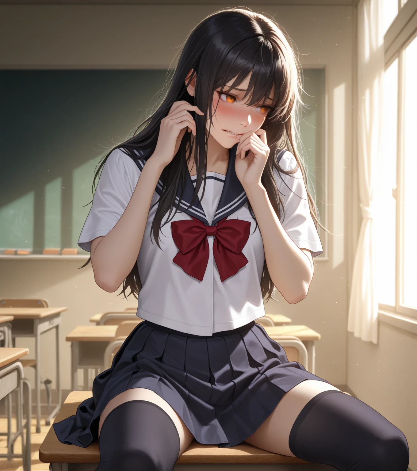summer、thick、Sweat、、high school girl、Low length、(((((Eyes hidden by long bangs)))))、(((Long black hair:1.2　hair band)))(((Black-rimmed glasses:1.2　black eye)))、Strong sunlight、thicksummerの昼間、Dazzling sunlight、avert your eyes、glamorous、Checked mini skirt、Navy knit vest、Are standing、sneakers、Skirt flip、Showing sexy panties、((Flip up your skirt with both hands))、indoor, classroom, School desk, window, School Chair, curtain, Natural Fingers、誰もいないclassroom、classroomの机で寝ている、Embarrassed
