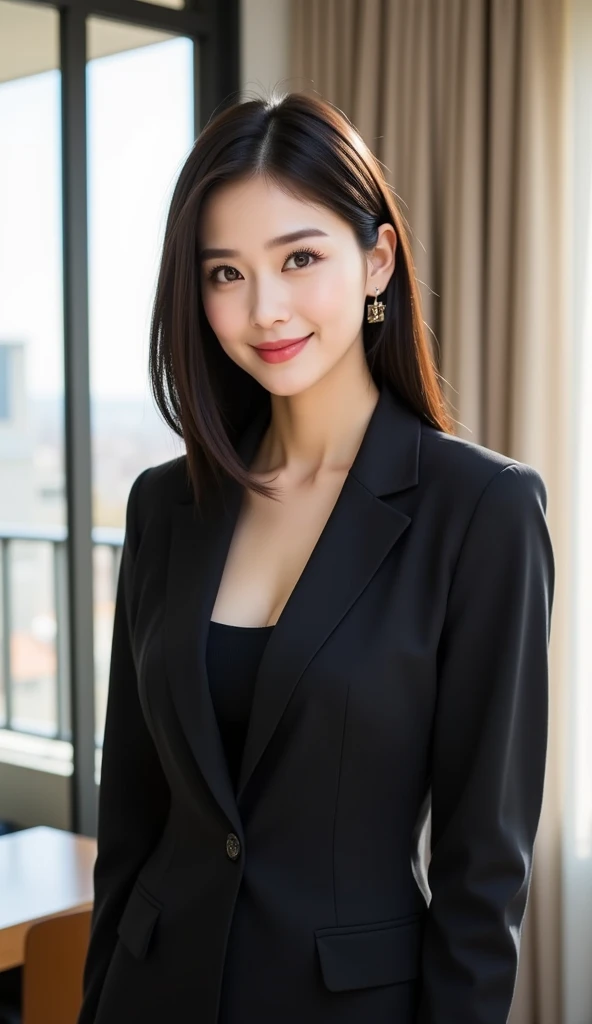 (Best quality, 8k, 32k, Masterpiece, UHD:1.2),Photo of Pretty Japanese woman,(detailed face:1.1), simple black suit, <lora:rikusu:1>,looking at viewer,upper body,necklace,medium breasts,dress shirt,smile,skirt