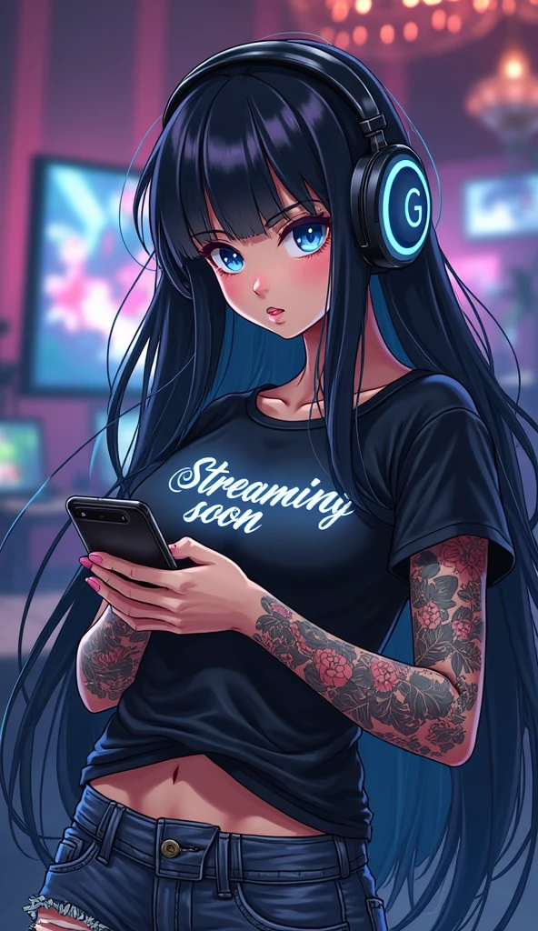young 20 year old girl, black hair, blue eyes, petite, BIG BOOBS WITH CLEAVAGE, boobs sample in the environment inside the room, freckles, pink cheek, black t-shirt