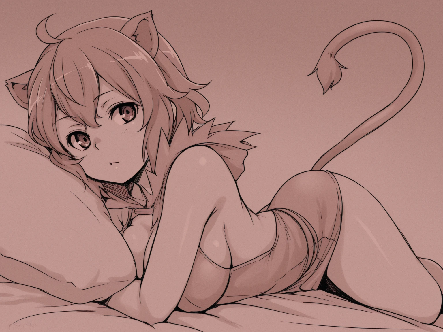 Naked with demon tail, big , yawning with eyes closed , bun hair style , with black tiny demon horns, wearing necklace, on bed, kneeling with butts up, having sex,