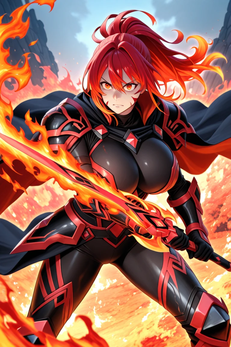 1dominant girl, solo, full body, fire power, deep and threatening look