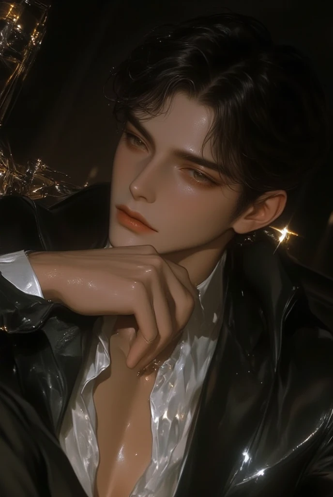 (absurd, high resolution, very detailed, HDR), masterpiece, best quality, Portrait of a boy, 미동 with red eyes, detailed face, professional photos, Alaped man wore shirt, sexy man, Picture from above the knees, masterpiece, One hand in pocket, black haired man, muscular man, low angle