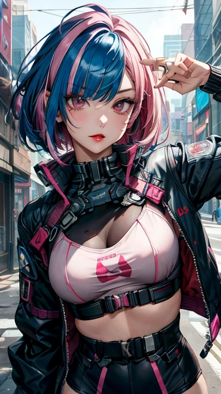 best quality,4k,8k, highres, masterpiece:1.2), ultra-detailed, extremely detailed eyes, extremely detailed body, (large masterpiece digital art), (detailed manga illustration), (detailed line art), ((perfect anatomy)), (intricate details:1.3), (ultra-detailed:1.3), (illustration:1.3), (sharp focus:1.3), (natural lighting:1.05), (vivid colors:1.3), (masterpiece), best quality, expressive eyes, perfect face, 1 girl, breasts, cleavage, gloves, large breasts, cyberpunk clothes, black jacket, dark blue hair, very long hair, messy hair, green eyes, curvy physique, athletic build, alluring outfit, shorts, fighting stance, huge ass, cyberworld, cinematic lighting, dramatic atmosphere,