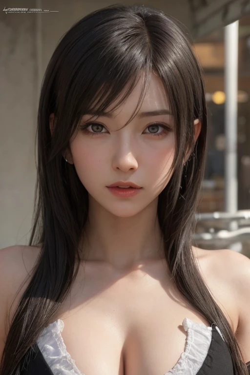 masterpiece, best quality, ultra high res, (photorealistic:1.4), detailed beautiful face, detailed clothes, stunning europe woman, in tank top wearing, super cute, close-up potrait, nice perfect face with soft skin perfect face, gorgeous long ponytail brown hair, 8K resolution,ultra-realistic,ultra-detailed,highs quality, (gigantic teardrop breasts, huge cleavage:1.2), wide perspective