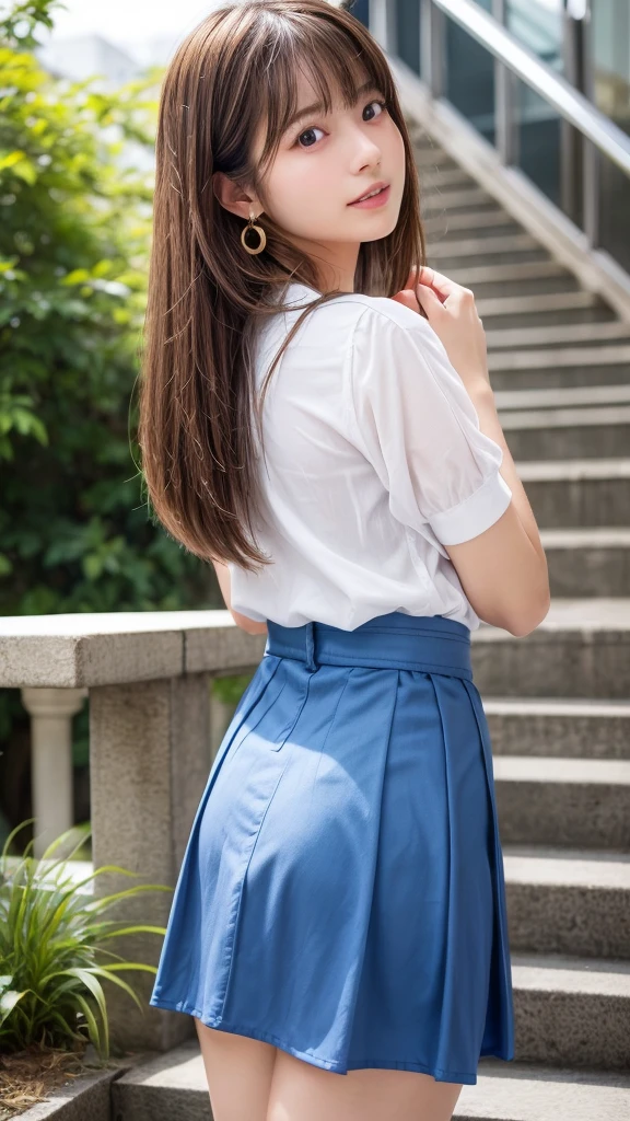 Best-quality, Masterpiece, Ultra-High-Resolution, (Photorealistic:1.4), Raw-Photo, 1girl, the most popular Japanese idol, wearing white blouse and navy-blue preated skirt, (((upturned ass))), extremely cute face, extremely beautiful big-eyes, extremely beautiful hair, extremely beautiful thighs