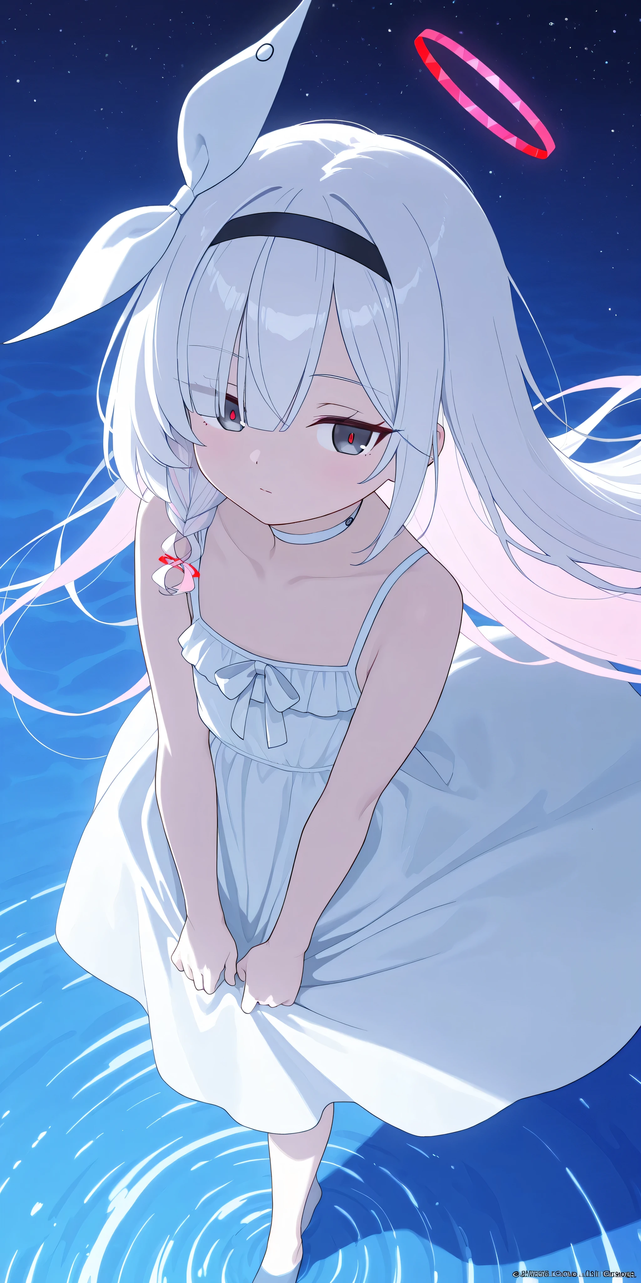 score_9 , score_8_up , masterpiece , best quality , highres , absurdres , official art , official style , source_anime , anime screencap , anime coloring , anime , animated , source_anime , explicit,Highest quality, masterpiece, outstanding quality.Plana_(Blue_Archive).

Late at night, very dark, only the starry sky with few clouds is shining, (Uyuni Salt Flats at Night: 1.1).

(Plana stands on the water), Plana's long hair flutters in the wind, her outfit is a simple long white dress, her skirt flutters in the wind,  feet, Plana's expression is expressionless and fleeting, Plana is looking to the side, Plana's gaze is directed at the viewer,
High angle, close up on face,
(masterpiece), (highest quality).