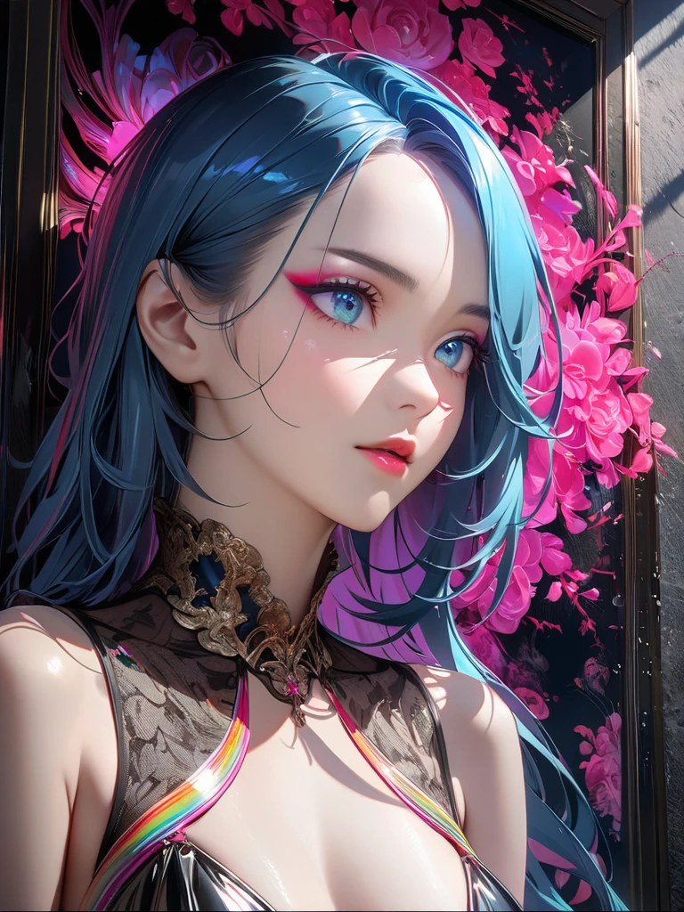 (masterpiece, best quality:1.2), finely detailed beautiful eyes, detailed background, 1girl, aqua hair, solo, smile, twin braids, small breasts, necklace, long hair, jewelry, makeup, grin, bare shoulders, eyelashes, pink eyes, purple lips, lipstick, mascara, embers, eyeshadow, cleavage, bikini, pendant, upper body, looking at viewer, realistic, <lora:A3DStyle:1>