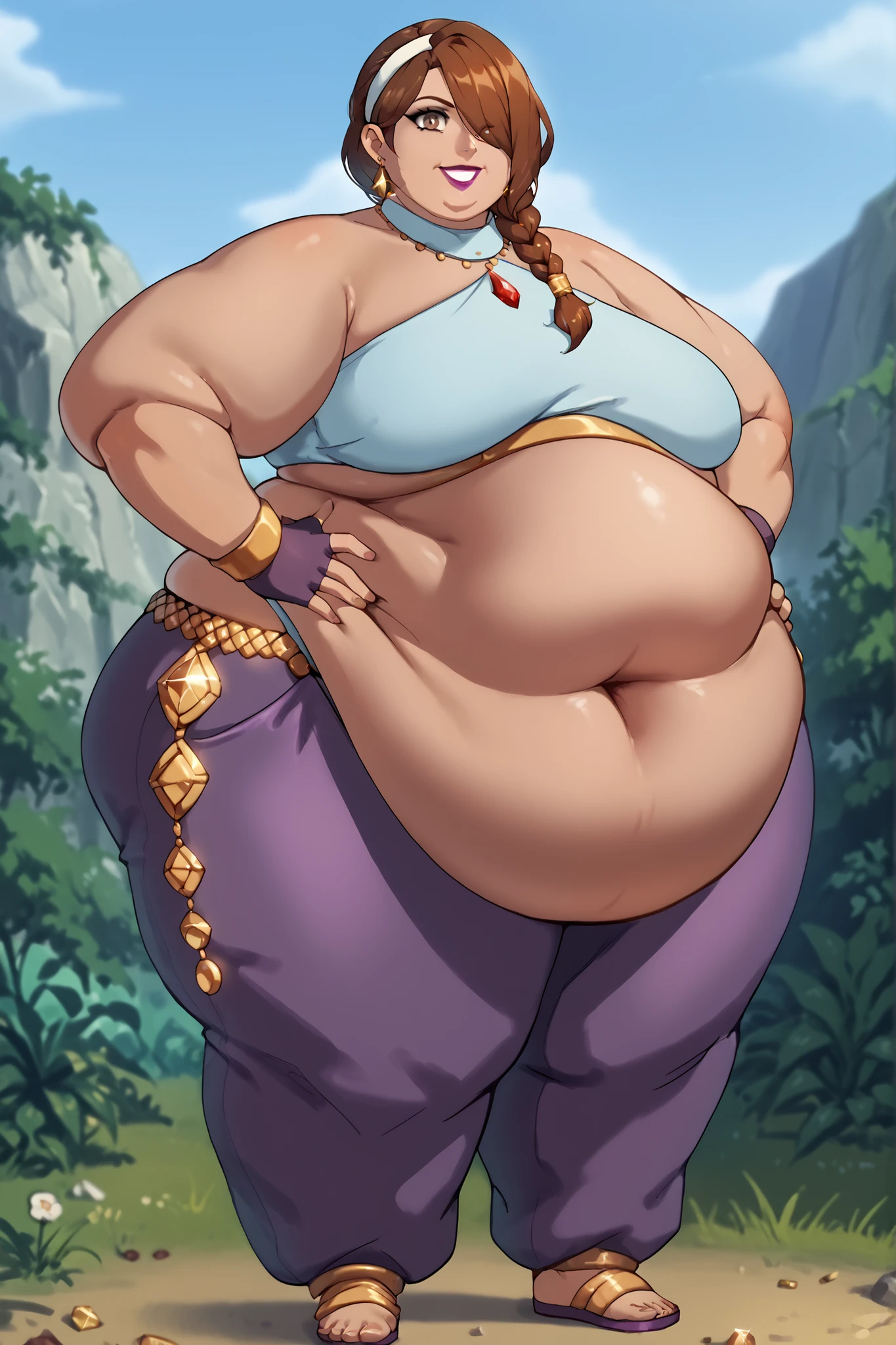 score_9, score_8_up, score_7_up, solo, BREAK, 1girl, full body,
braided ponytail, brown skin, gold accessories, brown eyes, earrings, bang, lipstick, purple caplet, hair over eye, white headband with jewel, purple harem pants, fingerless gloves, blue bikini, standing, multicolored hair, smiling, hands on hips, looking at viewer, outdoors