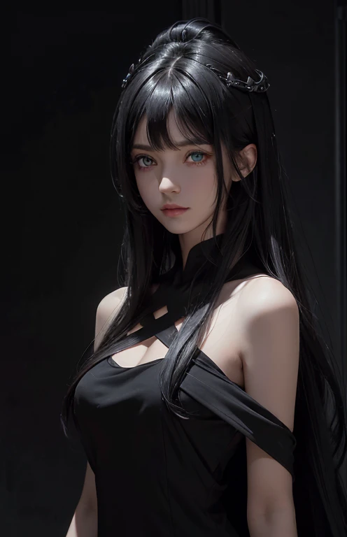 (Ultra Realistic), (Illustration), (Increased Resolution), (8K), (Extremely Detailed), (Best Illustration), (Beautiful and Detailed Eyes), (Best Quality), (Ultra Detailed), (Masterpiece ), ( wallpaper), (detailed face), solo, 1 girl, 5,mature,looking at viewer, fine details, detailed face, in the dark, deep shadows, low key, pureerosfaceace_v1, smiling, long hair, black and white shawl straight hair , 46 points oblique bangs, masterpiece, best quality, 35mm, 8k, absurdres, beautiful girl, (upper body, dark grey background:1.4), (black classical dress, black hair:1.6), slender, dark studio, rim lighting, ultra realistic, highres, photography, film grain, chromatic aberration, depth of field, sharp focus, HDR, facelight, dynamic lighting, cinematic lighting, professional shadow, dark shadow, highest detailed, extreme detailed, ultra detailed, finely detail, real skin, delicate facial features, detailed face and eyes, sharp pupils, realistic pupils, long black hair with bangs, black hair top, white hair undercolor, Split Hair Two Tone , Split Hair Two Tone black and white color hair,black hair, white hair, mix hair color,green eyes, white hair emerald eyes. white hair, platinum hair color.