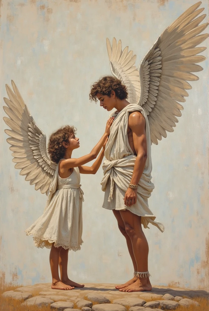 2 angels in the clouds reaching out to each other, muscular torso man and child angel, rays, monochrome photorealism tattoo, Black and White Sketch, Horizontal Image, Antique, sitting on the opposite