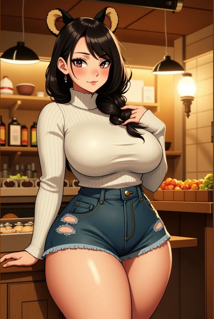 ((highres)), Masterpiece, high quality, best quality, beautiful, perfect lighting, detailed face, ultra cute face, looking at viewer, on a date, ((blush)), affectionate smile, ((1girl)), ((solo)), brown hair, green eyes, jeans, white shirt, tight clothes, fast food restaurant, medium breasts, cleavage, (wide hips), ((thick thighs)), ((chubby)), standing, hand on hip, sexy pose,