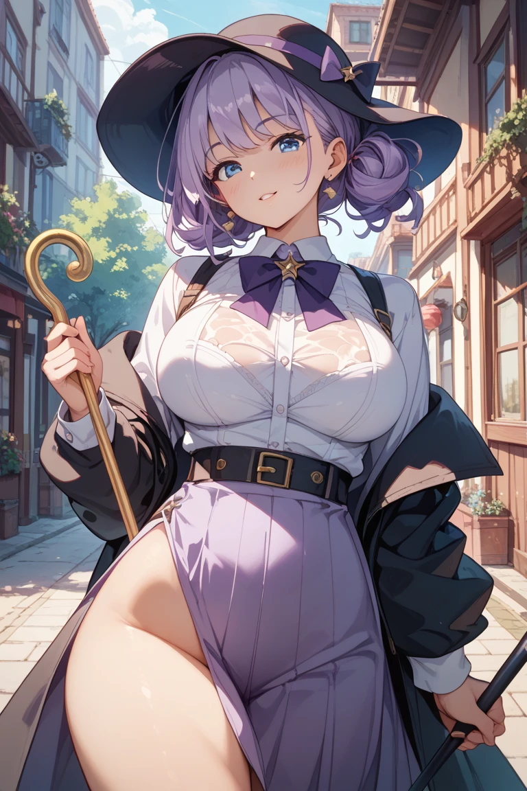 standing high waist blue eyes detailed alone, colado ao corpo ((feiticeira madura musculosa)) corpo tonificado seios enormes olhos azuis cabelo roxo grande pele clara, vestido grande pretas, corpo inteiro, detalhado 4k, huge tits, olhar misterioso, big witch hat,