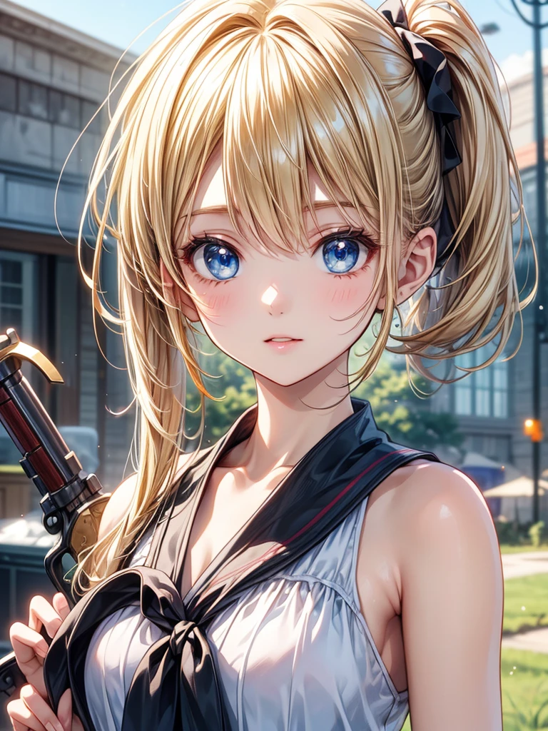 masterpiece,High resolution,Highest quality,In the grassland, (Portrait), Upper body photo, Cute Face,((Facing forward))、Blonde、((Shooting from the front:1.5)), ((Tight camisole:1.5)), ((Big Breasts:1.2)), See-through nipples