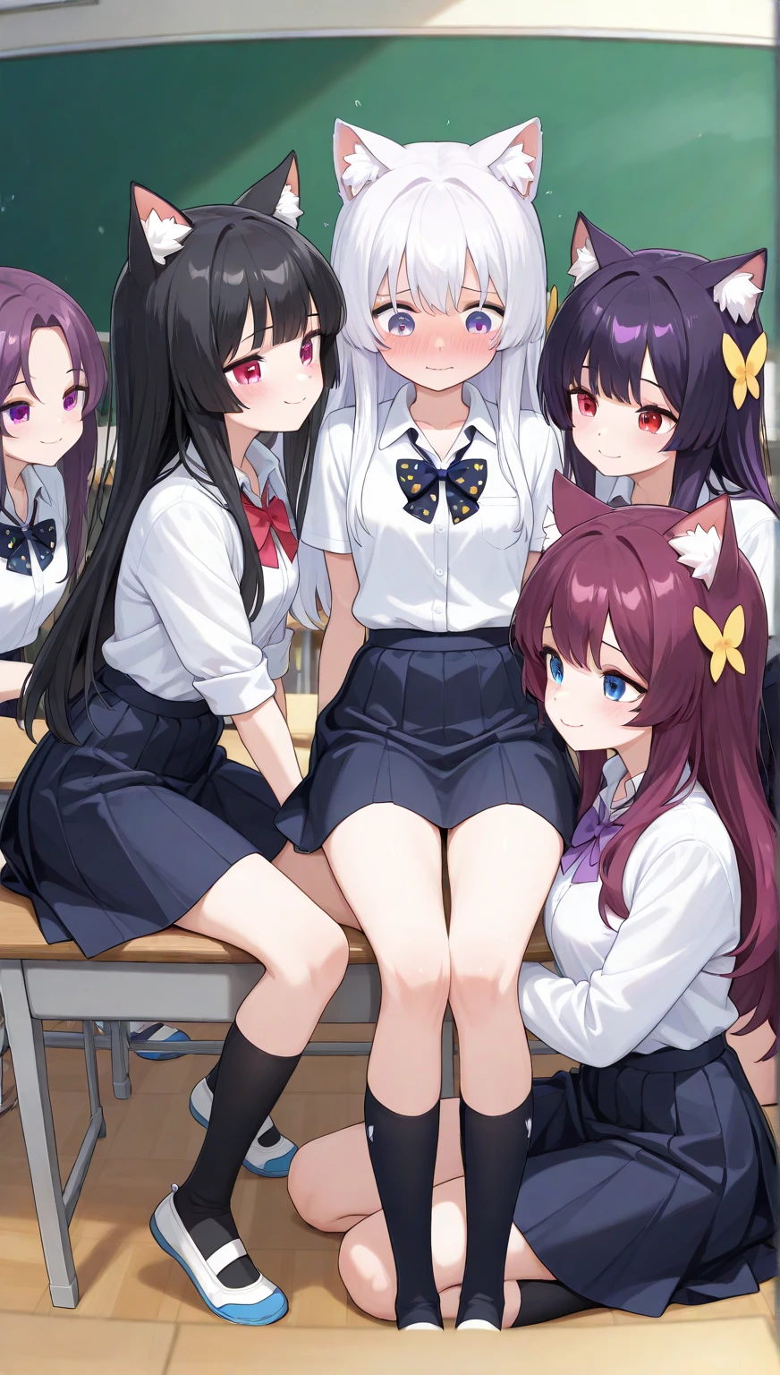 Thicc ass, sitting on chair desk, looking at us, pink g-string, detailed thicc g-string, (long socks), twin tails, black and red uniform, classroom, looking at us, soft surprised smile, skirt, random hair color, blush, sitting, red eyes, (ass focus), (wink)