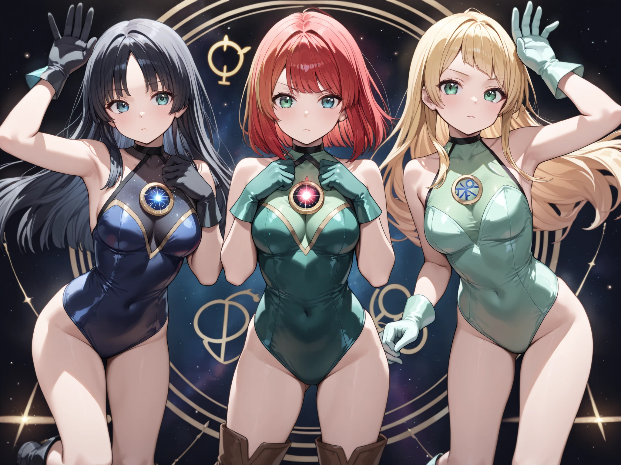 Masterpiece, 4girls, wearing same style diferent colour, beauty and cute, high detailed, dinamic lighting, vivid colours, ultra large saggy breasts, massive cleavage exposed, A giant spacecraft navigating interstellar space, Sophisticated design, huge geometric figures stacked in layers,standing, white skin, blue eyeballs, blonde hair, happys, various hair styles, harem, perfect eye