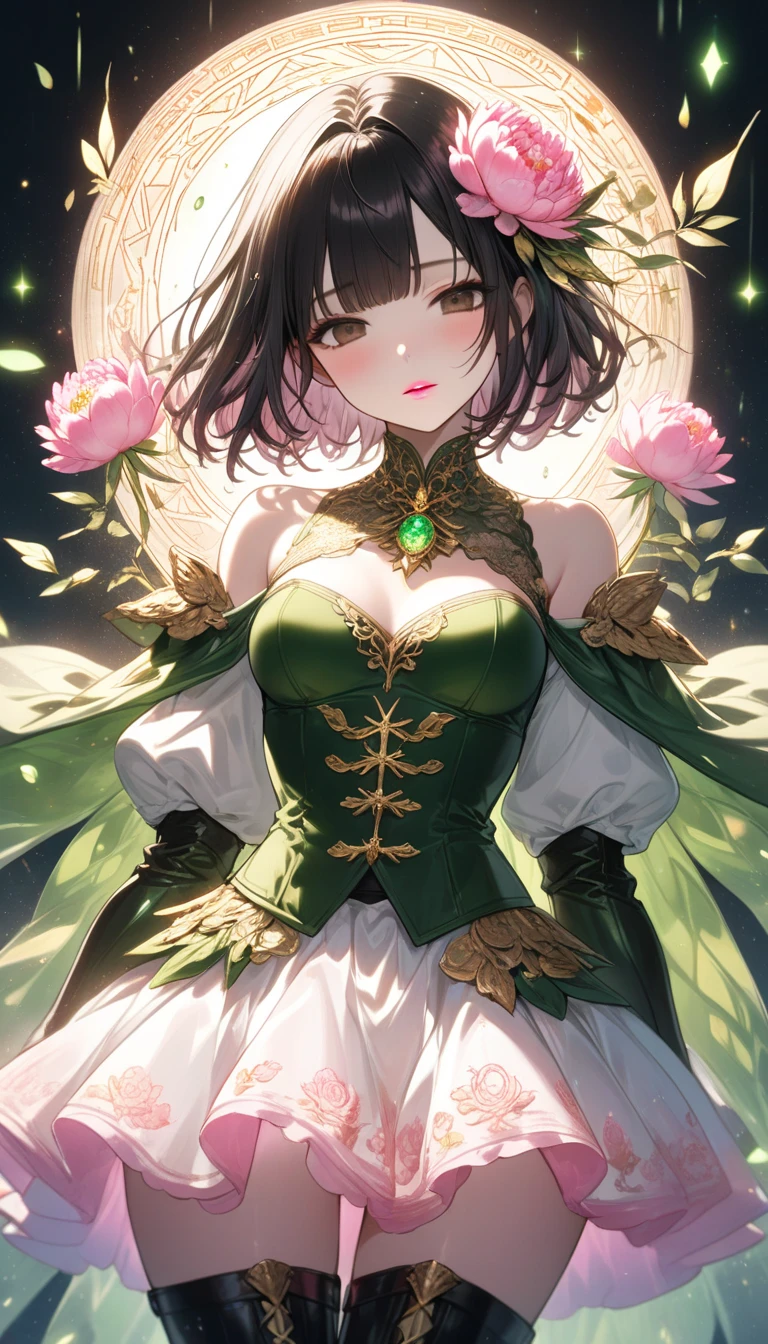 best qualtiy，tmasterpiece，1girll，10yaers old，Green dress，Surrounded by flowers，The upper part of the body，closeup cleavage，With short black hair，big breasts beautiful，looking at viewert，ssmile，Green Bridal Veil，Green long gloves，Satenglin Long Gloves