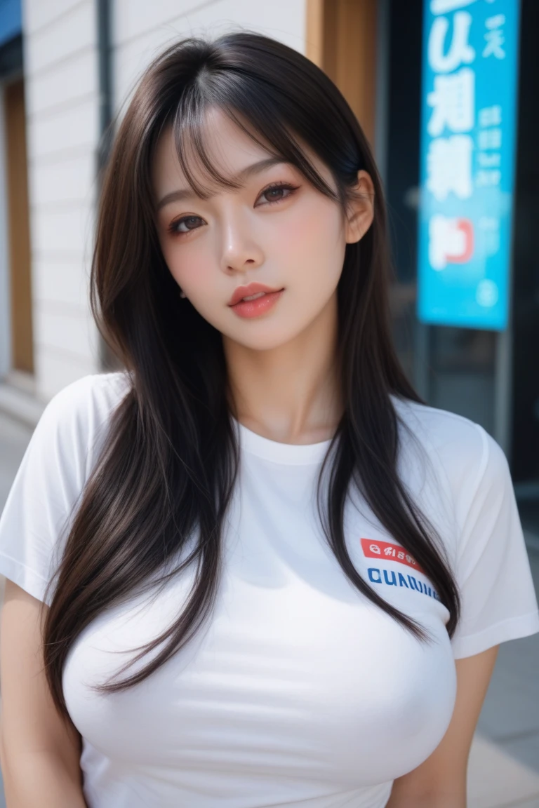 (masterpiece:1.2,Highest quality),Blur the background,One high school girl,((Tshirt)),(Big Breasts),((Sculpture Pose)),((Beautiful and beautiful eyes)),Blushed,Healthy Skin,Observe the audience,(smile),(Date in the downtown area),8K resolution