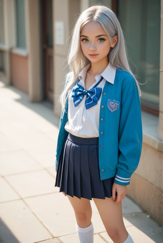 Entire body photo ; (((12-year-old))) girl wearing a (((school dress, white shirt, blue very short skirt))), (((blue eyes))), long straight blonde hair, pale skin, (((worried face))), standing and talking pose.