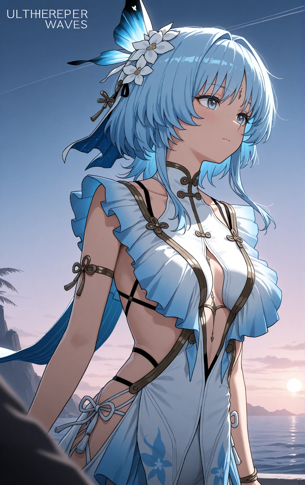 soles, masterpiece, 1 person, solo, very short hair, long bangs between the eyes, gray eyes , very detailed,(masterpiece、highest quality)、alone、gray hair、 silver hair, face up, blue sky, glow white particle, (sidelighting:1.2), sun rise , pink cloud, detailed clouds, slender, Lovely small exposed large breasts, super cute smile with teeth, red cheek, blushing, beautiful green hair, magic light, deep shiny blue eyes, cute girly pause, Draw your breasts inward and push them up, choker, pussy exposed, exposed breasts, exposed pink nipples, put in white battle armer on left arm and legs, super detailed beautiful castle view background, sunset view, wide shot, giving peace sign, jumping, fun, full body, fireworks,galaxy,glint ,light particles,light rays,light trail,Energy circle,Magic Formation,Concentric circle,fire magic,magic circle,milky way,planet,shooting star,sky,solo, sparkle background,star \(sky\),star \(symbol\),starry background,starry sky,starry sky print, tattoo on breasts, full body