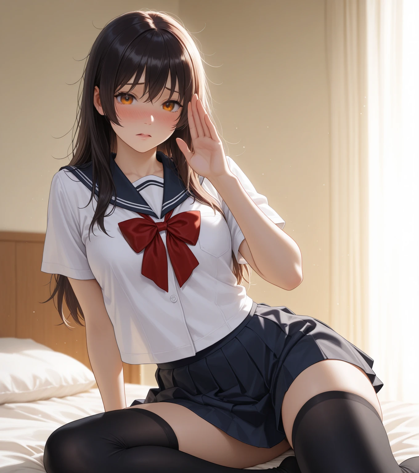 Photorealism、highest quality、超A high resolution、Browsing Caution、Woman in uniform sitting on bed、Low angle shot:1.5、(M-shaped foot:1.4)、She opened her legs wide:1.5、Sit with your knees bent and your legs apart、((Showing panties:1.5))、A sexy look for the camera、((Blonde))、((pink silk panties))、((Panties close up:1.4))、Tartan plaid pleated skirt、Knee socks、A cute and beautiful face down to the last detail、(Purelos Face_v1:0.008)、Brown eyes、eyeliner、blush、Embarrassing、Glare、 Glossy Lips: 1.4, impatience、It was scary、Glare、Panty Appeal、Panties close up:1.3、blush、is crying、cry、Open your knees、Spread your legs、Disheveled clothes、dressing、Medium Long Hair,In the bedroom、Anatomically Accurate human body、Perfect Arms、Perfect hands、Perfect Fingers、Perfect Legs、Accurate human body