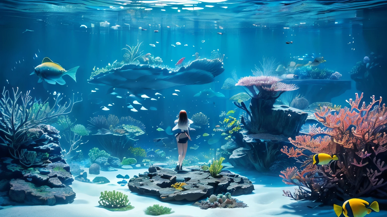 Highest quality，masterpiece，8K,Silver braided short bob hair,In the sea,Coral Reef,wide shot ,tachi-e,hairclip