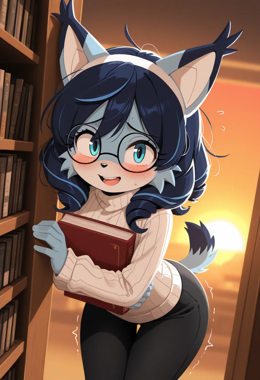 Sheep Girl，female，hairy，White ears，Red eyes，Round glasses，Fluffy fur，Medium length white hair，Slightly fat，Floral skirt，Get dressed，cute，blush，daytime，Cafe，notebook，